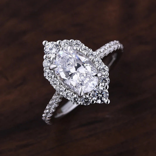 Flower shaped oval moissanite diamond ring